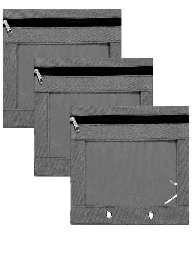 Lify 2 Rings Binder Pencil Pouch, Zipper Pencil Pouches,Canvas Fabric Pencil Pouches, Zippered Pencil Cases with Clear Window for Office School Supplies, 3 Pack (Grey 3Pcs) - Image 1